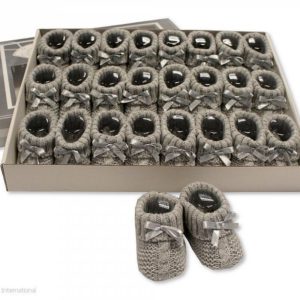 Knitted Baby Booties with Bow- Grey